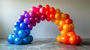ai generato arcobaleno colorato arco costruito con palloncini foto