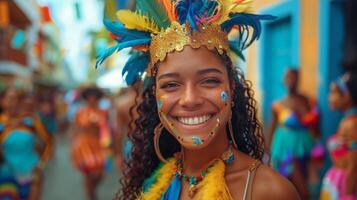 ai generato donna nel colorato copricapo sorrisi foto