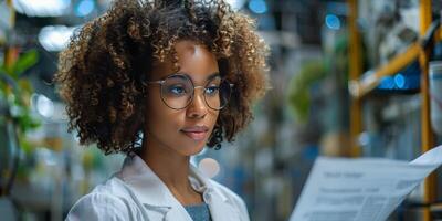 ai generato donna con bicchieri lettura un' libro foto