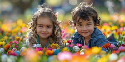 ai generato Due poco ragazze posa nel un' campo di fiori foto