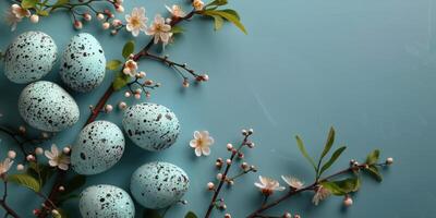 ai generato pittura di uova e fiori su blu sfondo foto