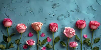 ai generato gruppo di rosa Rose su blu sfondo foto
