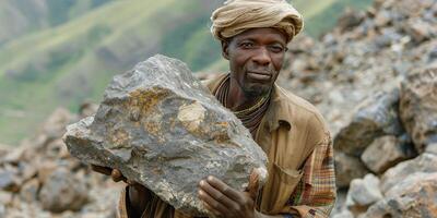 ai generato uomo Tenere grande roccia foto