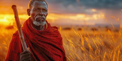 ai generato uomo in piedi nel campo Tenere bastone foto