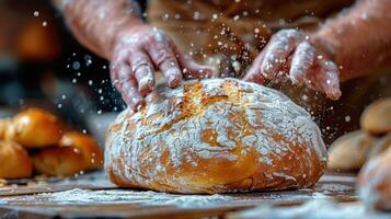 ai generato persona impasto pagnotta di pane su tavolo foto