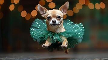 ai generato piccolo cane indossare un' verde tutu foto