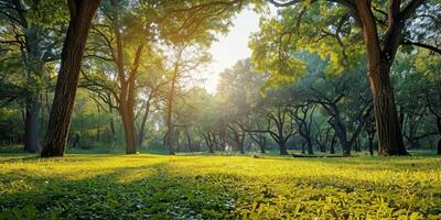 ai generato sole brilla attraverso alberi nel parco foto