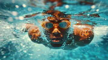 ai generato uomo nuoto nel acqua con occhiali foto