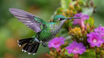 ai generato colibrì librarsi al di sopra di viola fiori foto