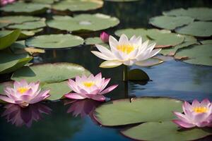 ai generato bellissimo rosa acqua gigli fioritura nel un' stagno foto