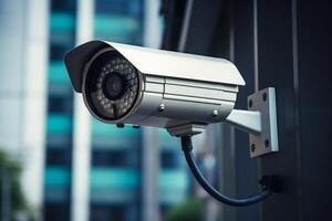 ai generato un' sicurezza telecamera è allegato per il lato di un' costruzione, monitoraggio il circostante la zona per qualunque sospetto attività. foto