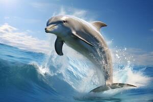 ai generato un' delfino salti su di il oceano, in mostra suo notevole agilità e grazia come esso vola attraverso il aria prima immersione indietro in il acqua. foto