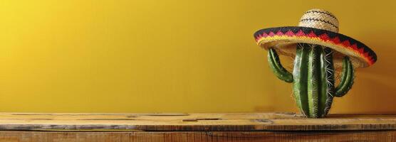 ai generato cactus nel sombrero cappello su di legno tavolo contro giallo sfondo con spazio, messicano fiesta concetto. foto