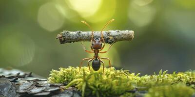 ai generato formica Tenere su un' pezzo di legna al di sopra di suo testa, in piedi su muschioso terra contro un' verde sfondo. foto