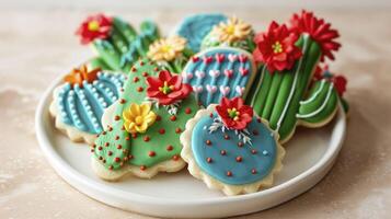 ai generato cinco de mayo giorno concetto decorato zucchero biscotti nel il forma di cactus con vivace verde e blu glassatura con luminosa rosso o giallo fiori. foto