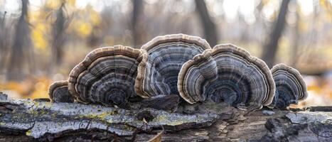 ai generato natura tavolozza. tacchino coda fungo su caduto tronco d'albero, illuminato di naturale luce del sole. foto