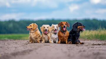 cinque carino piccolo cani siamo in posa su natura sfondo. sfocato sfondo. animali domestici e animali. foto