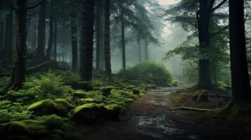 ai generato nebbioso foresta sfondo foto