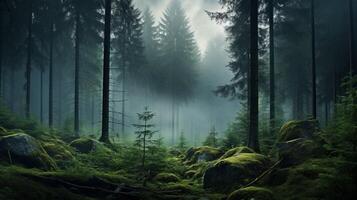 ai generato nebbioso foresta sfondo foto