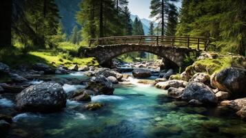 ai generato montagna ponti e acqua incroci sfondo foto