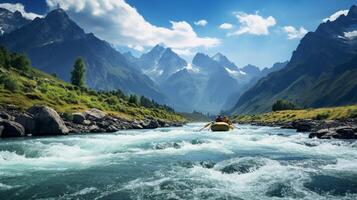 ai generato montagna fiume rafting sfondo foto