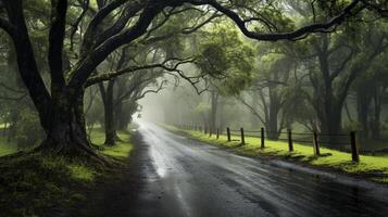 ai generato piovoso nazione strada sfondo foto