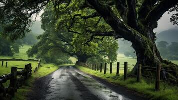 ai generato piovoso nazione strada sfondo foto