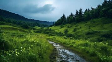 ai generato piovoso campagna escursioni sfondo foto