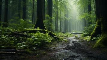 ai generato piovoso foresta pista sfondo foto