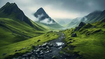 ai generato piovoso colline trekking sfondo foto