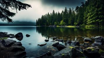 ai generato piovoso lago sfondo foto