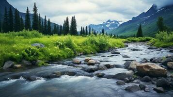 ai generato piovoso Riva del fiume bellezza sfondo foto