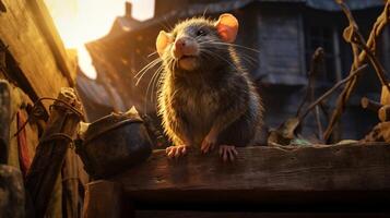 ai generato un' ratto è seduta su un' log nel il luce del sole foto