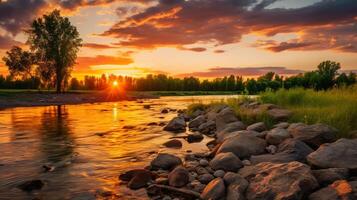 ai generato Riva del fiume tramonto sfondo foto