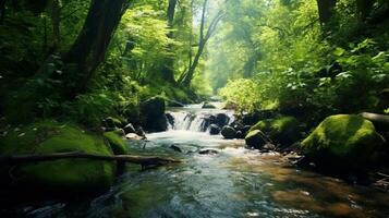 ai generato un' fiume fluente attraverso un' verde foresta foto