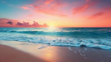 ai generato sabbioso spiaggia tramonto pendenza sfondo foto