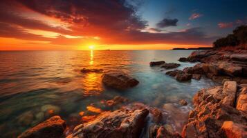 ai generato riva del mare tramonto sfondo foto