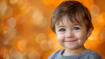 ai generato contento bambino piccolo con gioioso Sorridi su un' bokeh sfondo foto