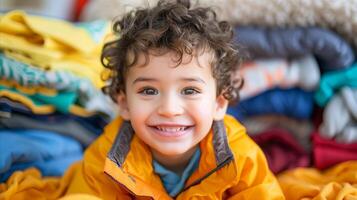 ai generato gioioso bambino la scelta colorato capi di abbigliamento e sorridente foto