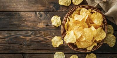 ai generato superiore Visualizza di croccante Patata patatine fritte nel un' di vimini ciotola su un vecchio cucina tavolo foto