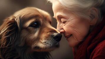 ai generato vecchio signora e cane da riporto cane avvicinamento ritratto. amicizia e tenero sentimenti fra umano e animale concetto. ai generato illustrazione. foto