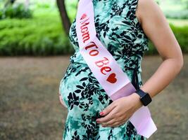 un' incinta indiano signora pose per all'aperto gravidanza sparare e mani su gonfiarsi, indiano incinta donna mette sua mano su sua stomaco con un' maternità vestito a società parco, incinta al di fuori maternità sparare foto