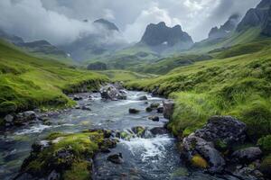 ai generato sereno Scozia paesaggio con montagne, flusso, verde colline, e drammatico nuvole foto