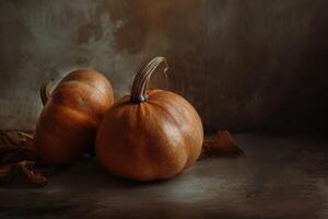 ai generato butternut schiacciare autunno raccogliere con maturo zucche su un' rustico sfondo foto