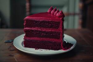 ai generato rosso velluto torta con stratificato crema e dolce contorno su un' piatto foto