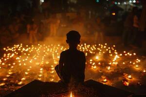 ai generato silhouette di un' ragazzo in mezzo Diwali luci nel India festeggiare tradizione, cultura, e Festival spiritualità foto