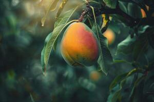 ai generato maturo Mango sospeso su il albero in mezzo fresco verde le foglie nel un' tropicale frutteto foto