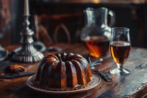 ai generato Rum torta con cioccolato Smalto su un' di legno tavolo accoppiato con un' buio bevanda foto