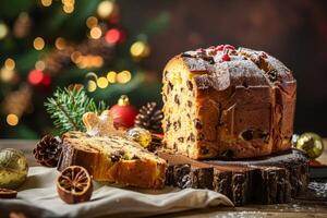 ai generato tradizionale italiano Panettone torta con festivo Natale decorazioni su un' vacanza tavolo foto