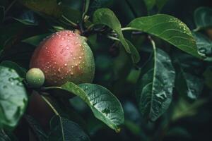 ai generato guaiava frutta con tropicale verde le foglie e fresco acqua goccioline su maturo ramo foto